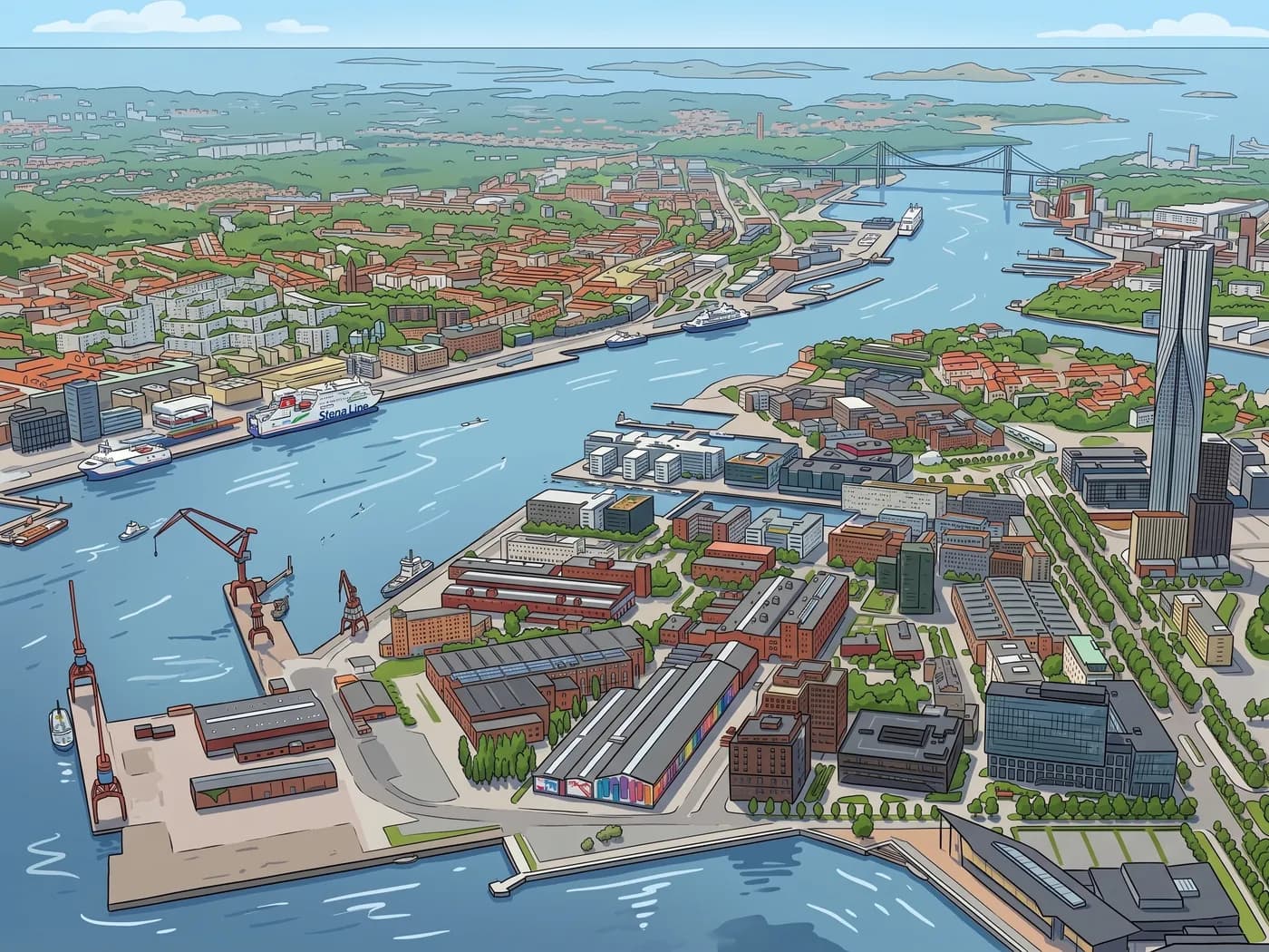 Aerial view of Göta älv showing the long way around by bridge and road