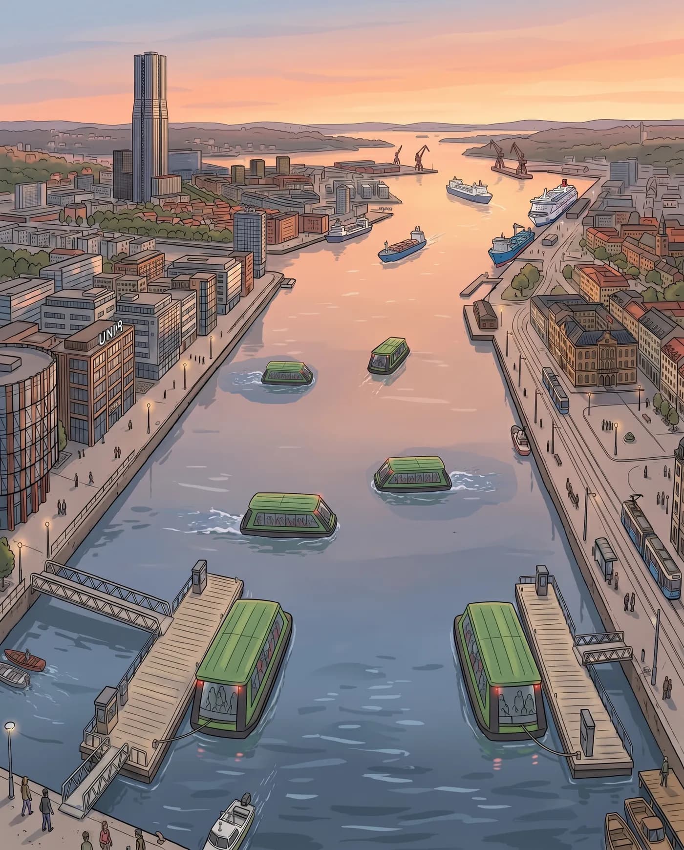 Cstrider ferries crossing the river at dusk with the Gothenburg skyline behind